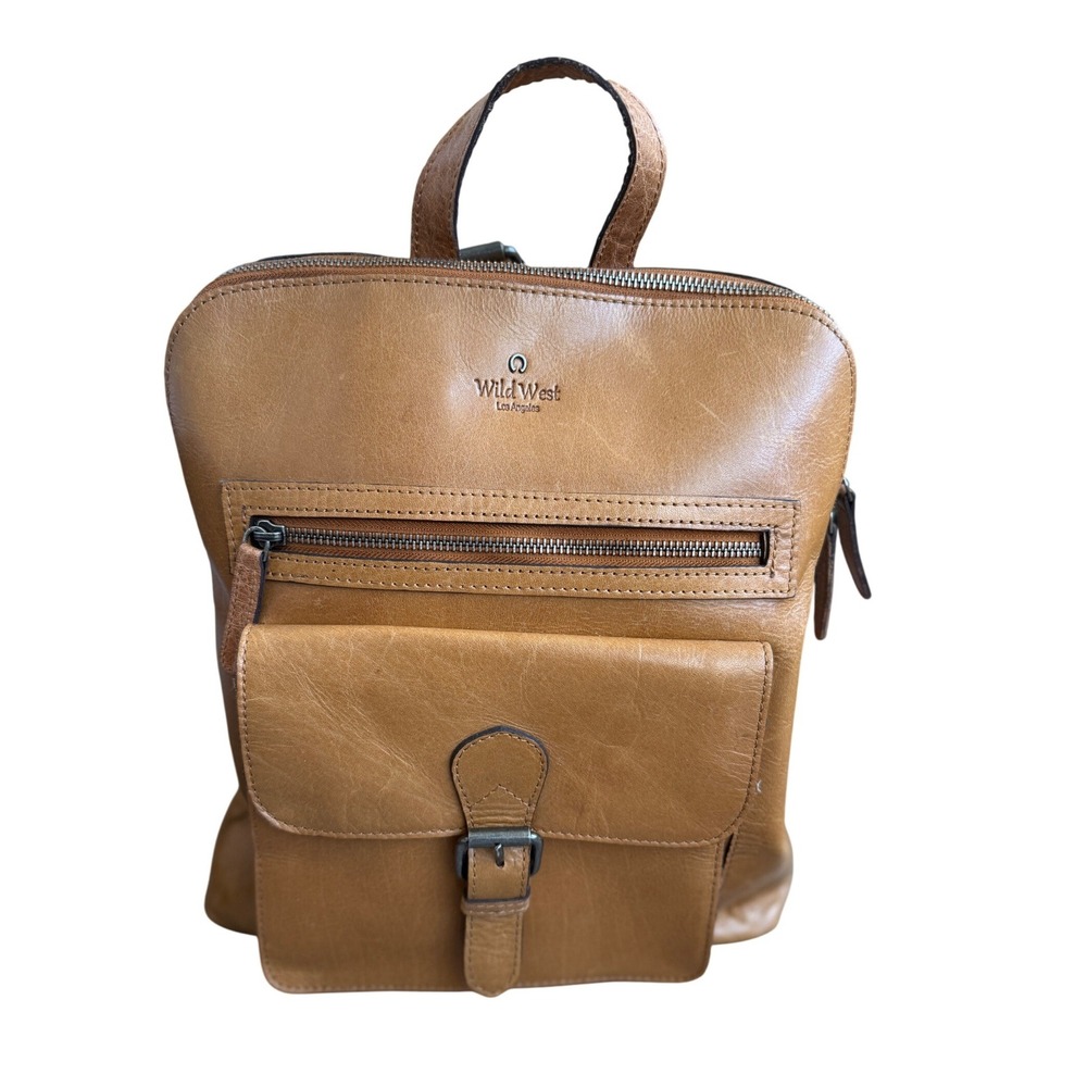 Wild West Los Angeles Leather Backpack Plaid Lining Buckle Pocket